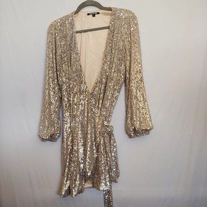 Gianna Bini All Over Crossover Silver Sequin Dress Sequin Belt Balloon Sleeve M